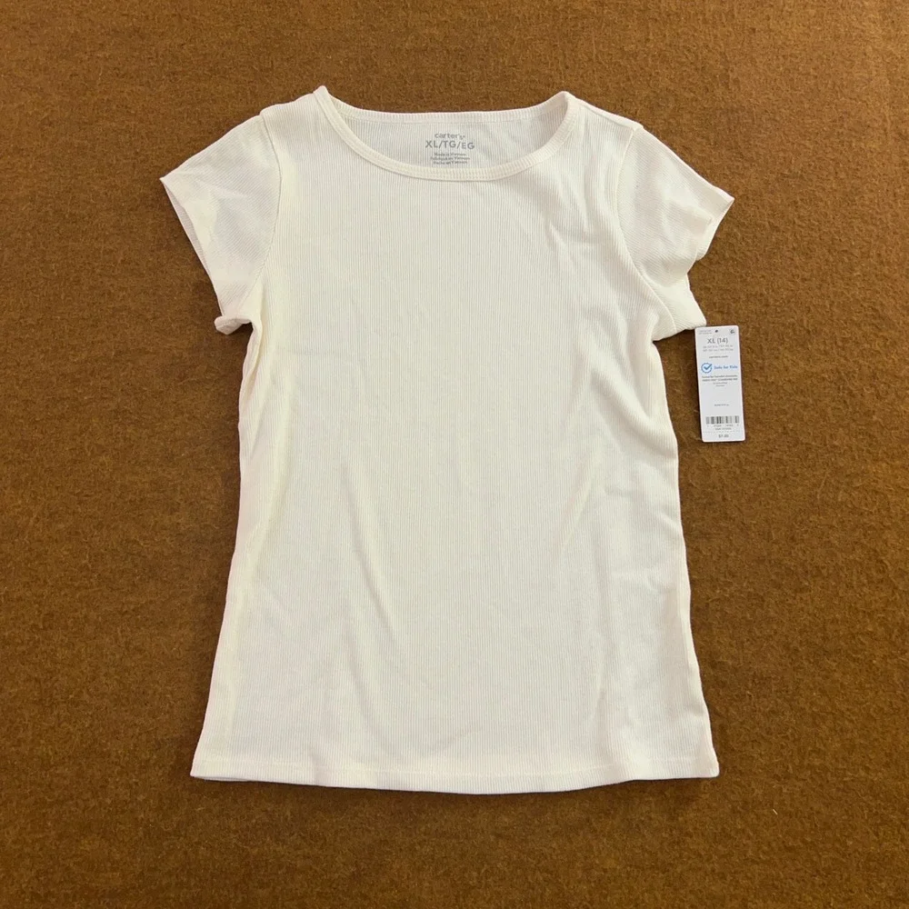 Carter's Girls XL 14 White Ribbed Short Sleeve Cotton T-Shirt NWT
